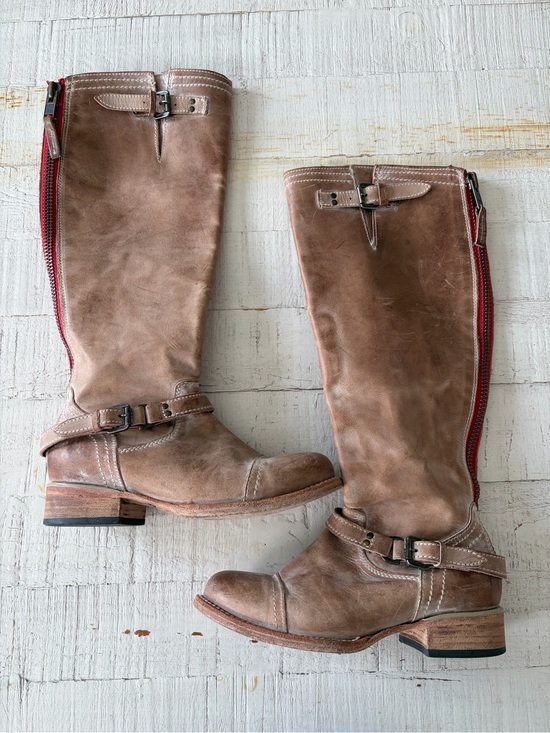 Freebird by Steven Shoes - Freebird Roadey Size 7 Taupe Distressed Leather Tall Riding Boots Tan Red Zipper